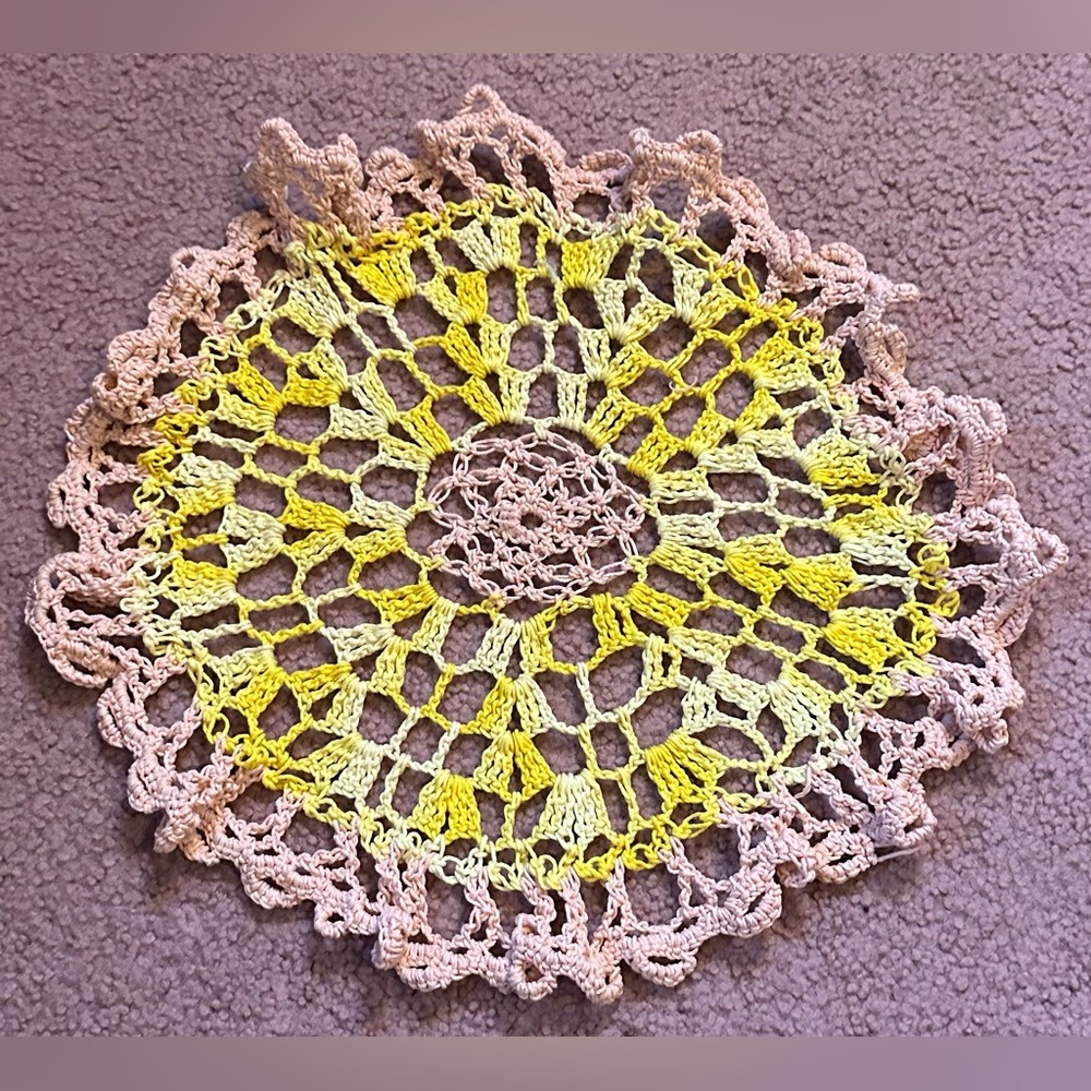 VTG HAND CROCHETED DOILY 14.5” Pink Yellow Gradient Vintage Handmade
